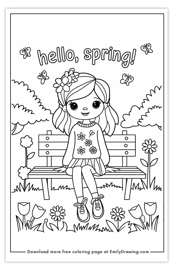A young girl sitting on a bench surrounded by flowers and butterflies with the text 'hello, spring!' at the top.