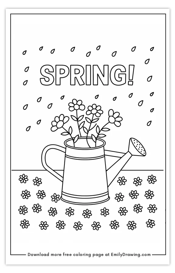 Coloring page featuring a watering can with flowers and the word 'Spring'.