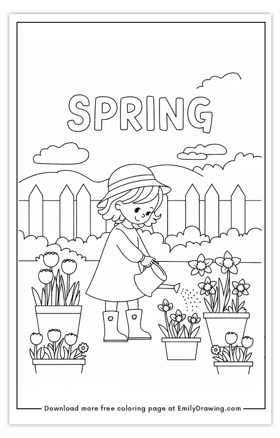 A coloring page featuring a child watering flowers in a spring garden with a fence and clouds in the background.