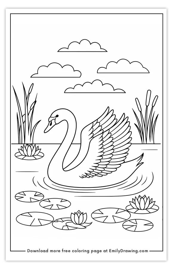 A coloring page featuring a swan swimming on a pond with lily pads and reeds, under a sky with clouds.