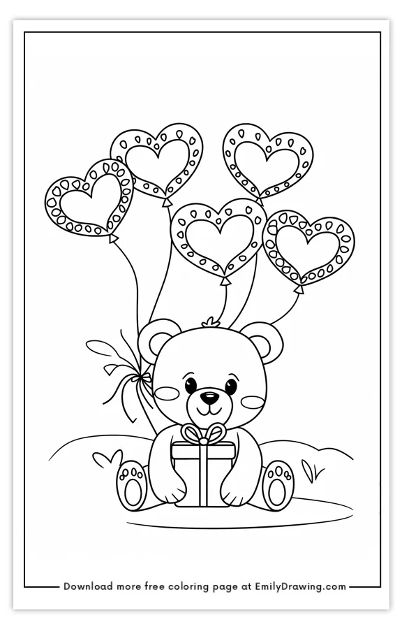 Cute teddy bear sitting with a gift and surrounded by heart-shaped balloons.