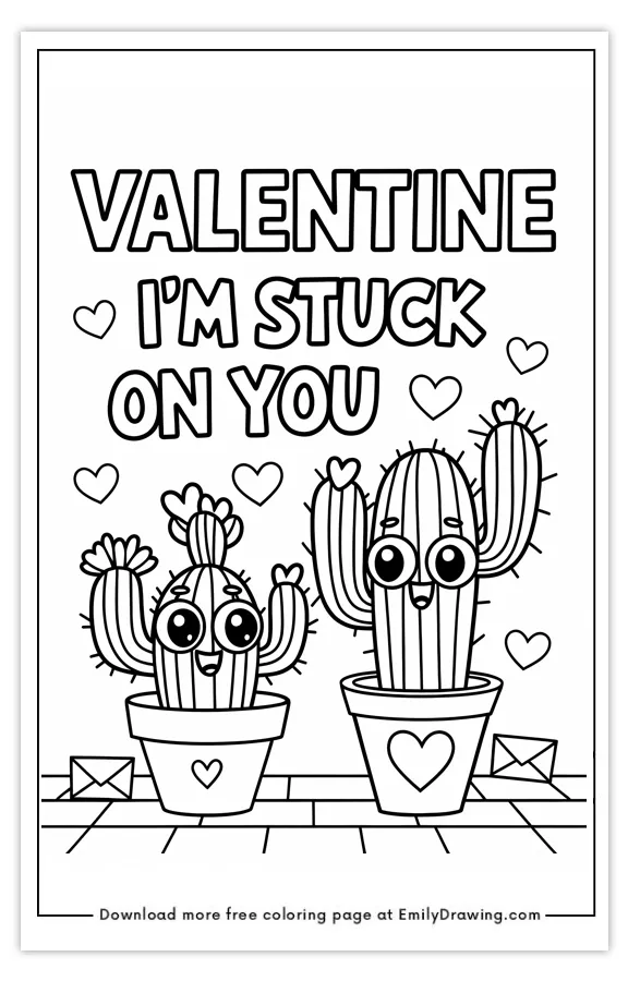Cute Valentine cactus coloring page with two smiling cacti in pots, surrounded by hearts and the text 'Valentine I'm Stuck on You'.