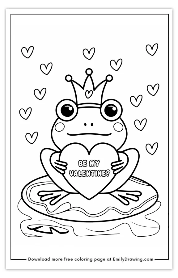 A coloring page featuring a frog with a crown, holding a heart with 'Be My Valentine?', surrounded by hearts.
