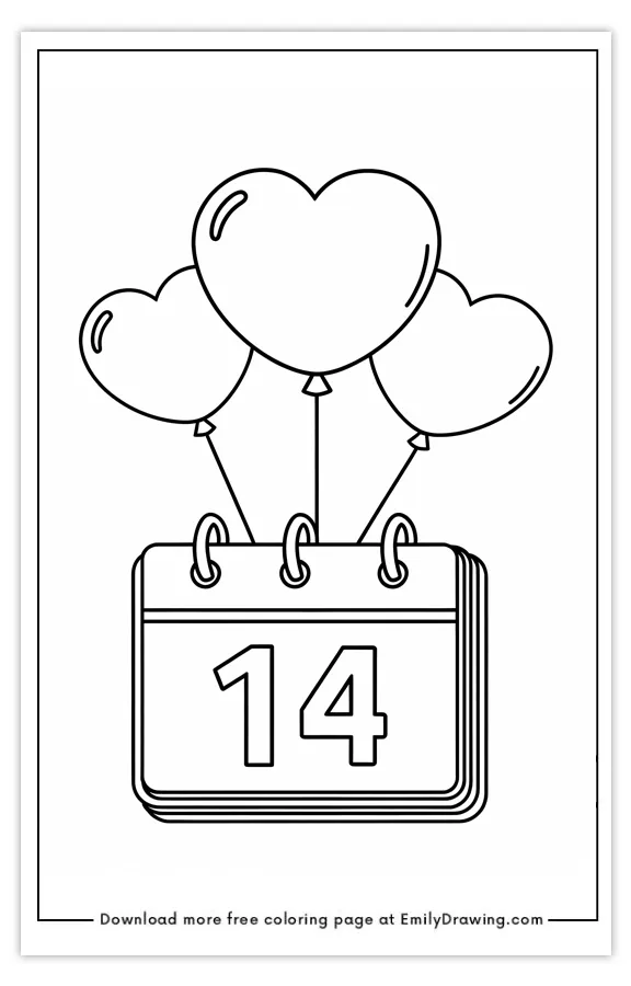 Coloring page featuring a calendar with the number 14 and heart-shaped balloons.