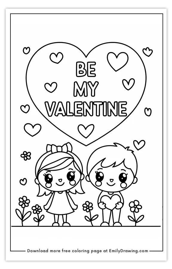 Coloring page featuring a cute couple with a big heart saying 'Be My Valentine' surrounded by smaller hearts and flowers.