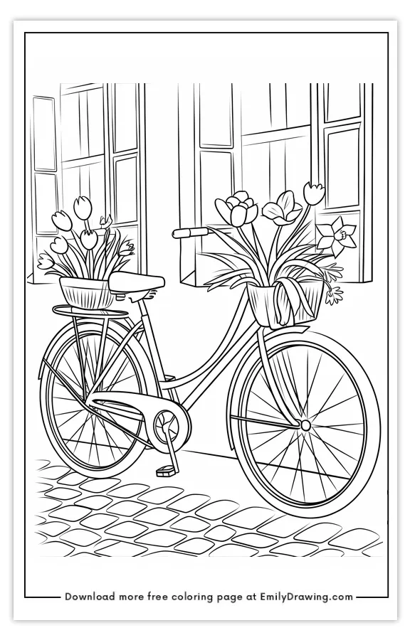 A coloring page featuring a vintage bicycle with baskets of flowers.