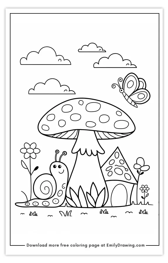 Coloring page featuring a snail next to a large mushroom, with a butterfly and clouds in the background.
