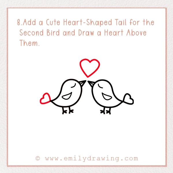 How to Draw Love Birds - Step 8 - Add a Cute Heart-Shaped Tail for the Second Bird and Draw a Heart Above Them