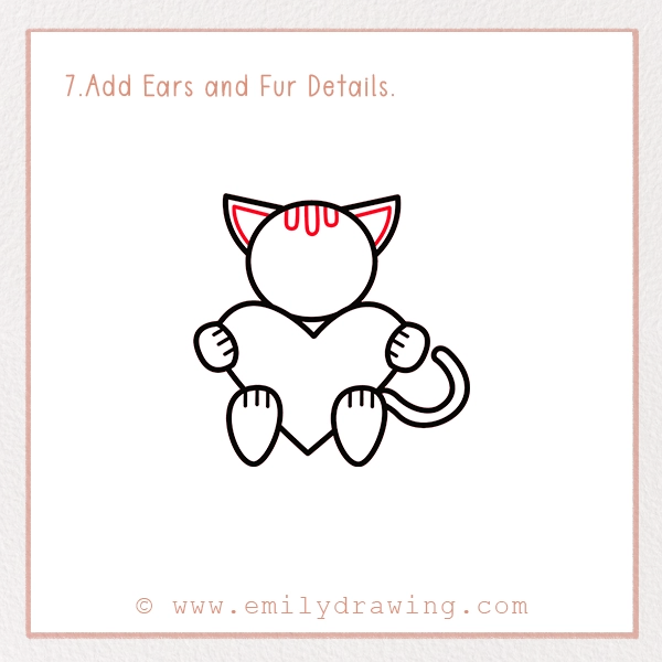 How to Draw a Love Cat - Step 7 - Add Ears and Fur Details