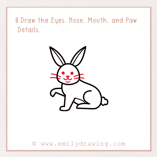 How to Draw a Rabbit - Step 8 - Draw the Eyes, Nose, Mouth, and Paw Details