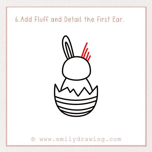 How to Draw a Bunny Hatch - Step 6 - Add Fluff and Detail the First Ear.