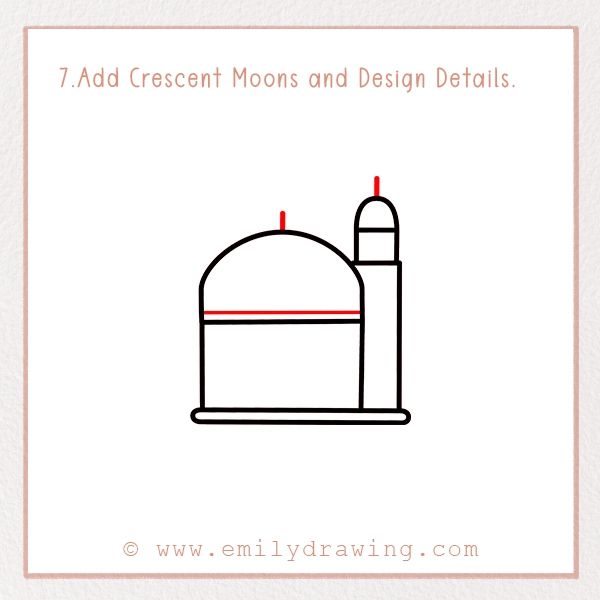 How to Draw a Mosque - Step 7 - Add Crescent Moons and Design Details.