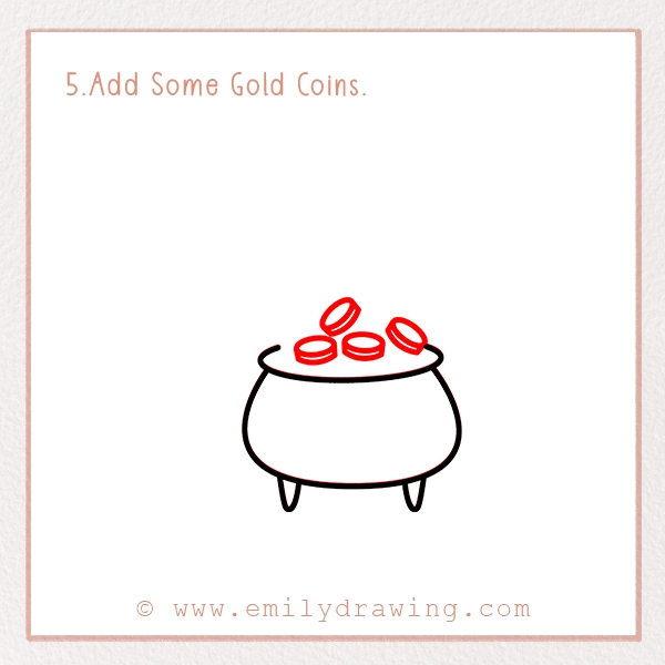 How to Draw St. Patrick’s Day Rainbow and Pot of Gold - Step 5 - Add Some Gold Coins.