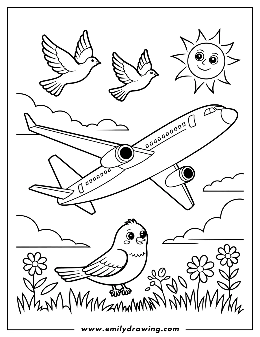 Outline of an airplane flying above a bird in a field of grass and flowers, with two more birds and the sun in the sky.