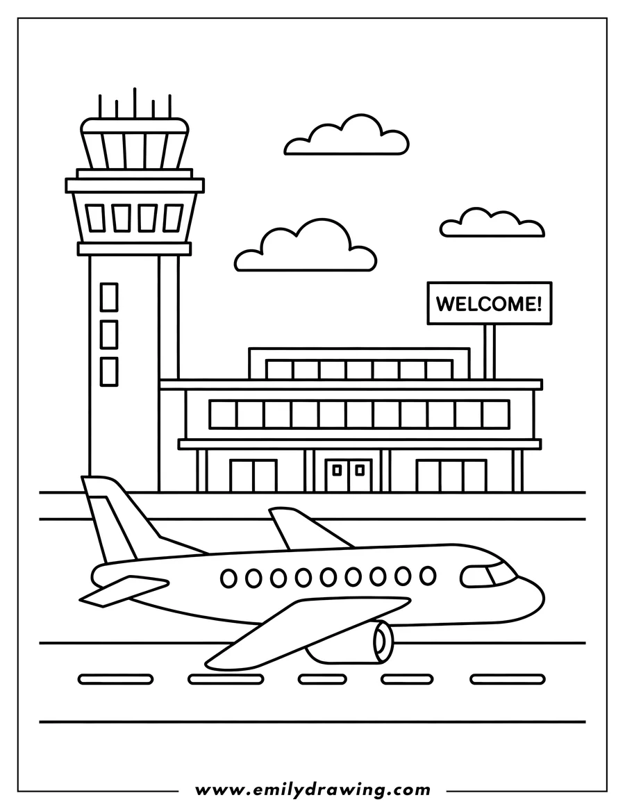 Outline of an airplane at the airport, ready for takeoff, with the airport terminal and control tower in the background.
