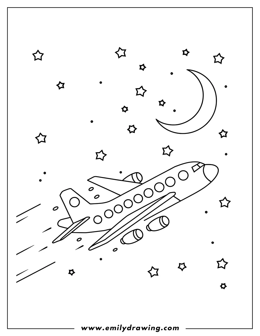 Outline of an airplane flying in the night sky with stars and a crescent moon.