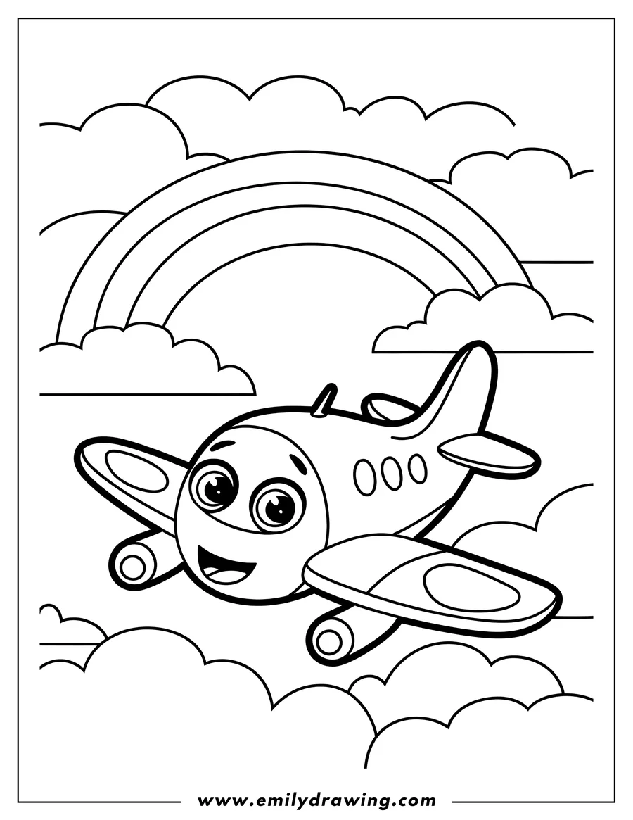 Line art of a smiling airplane flying near a rainbow with fluffy clouds.