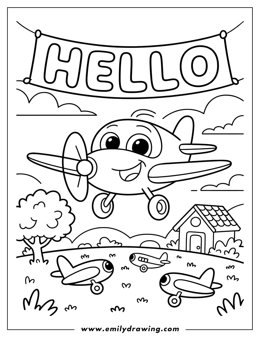 Line art of an airplane flying over an airfield with other small airplanes, a house, and a banner that says hello.
