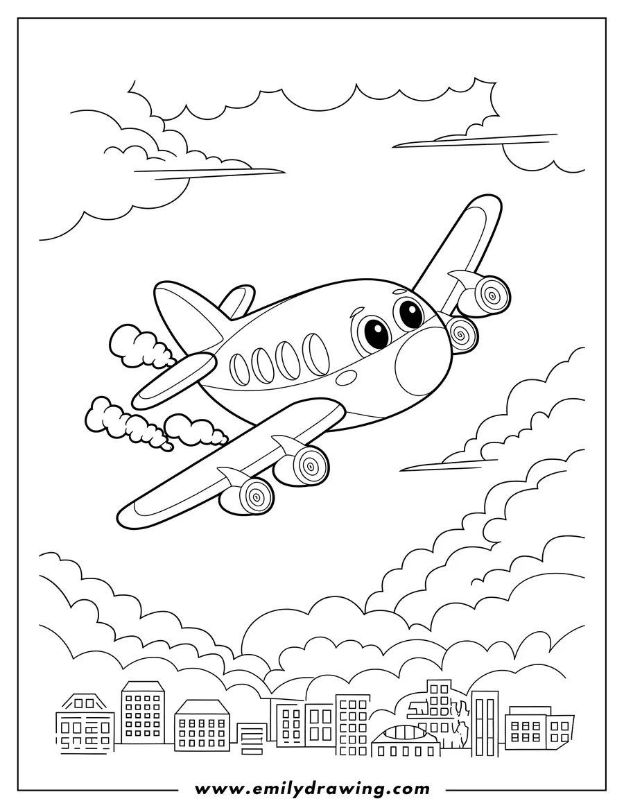 Line art of a friendly airplane flying above a cityscape, surrounded by fluffy clouds.
