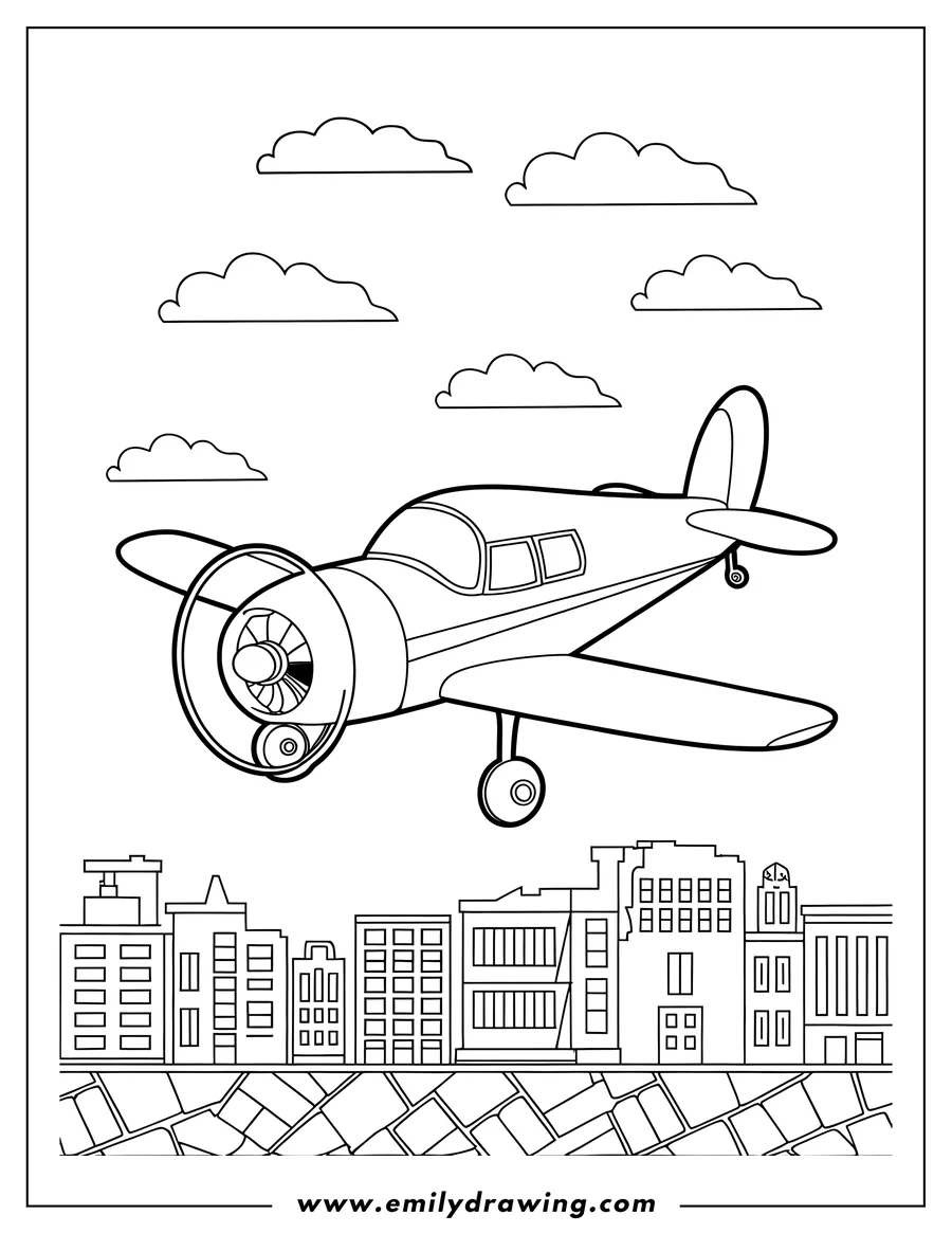 Outline of an airplane flying over a cityscape
