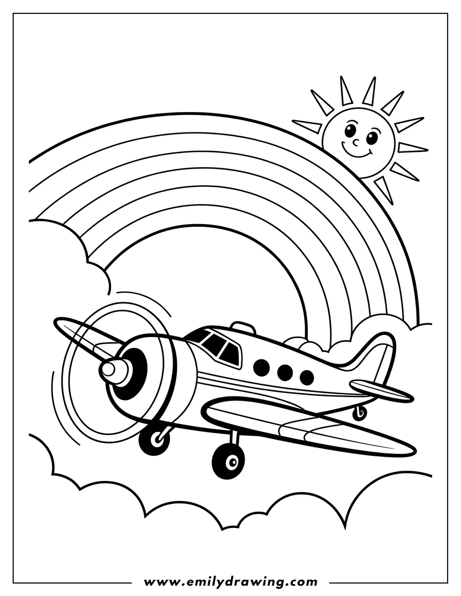 Outline of a friendly airplane flying above the clouds. A smiling sun and a rainbow are also visible.