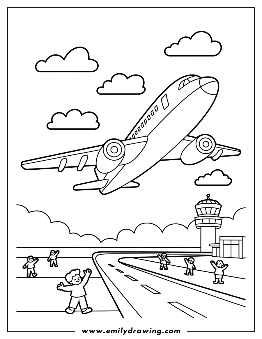 Outline of a large airplane taking off from an airport runway. Several children are waving goodbye as the plane ascends into the sky with clouds above.