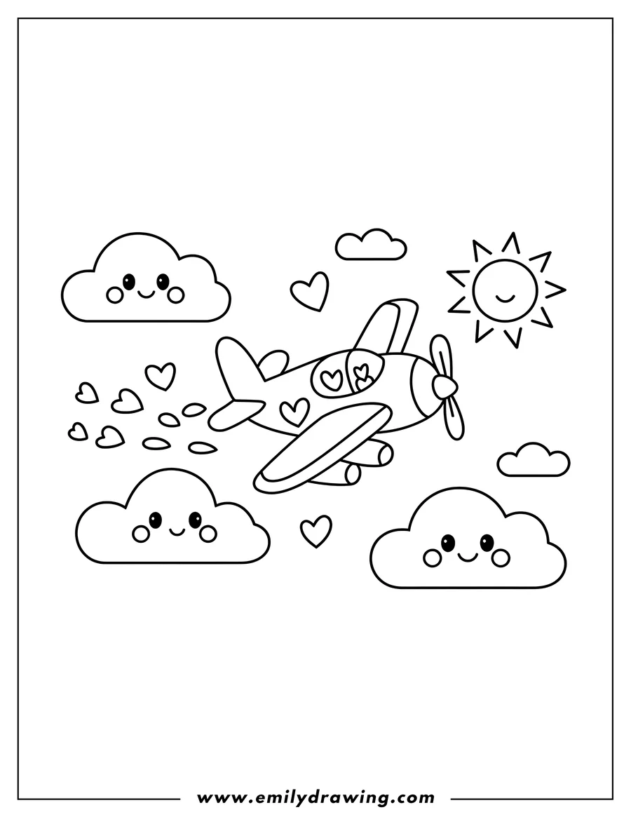 Outline of an airplane flying among smiling clouds and a smiling sun, trailing small hearts.