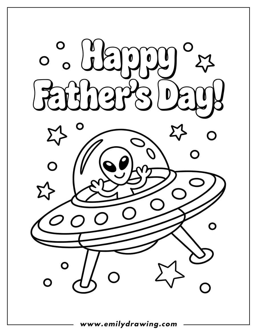 Outline of a friendly alien waving from inside a spaceship, surrounded by stars and circles. Happy Father's Day text is at the top.