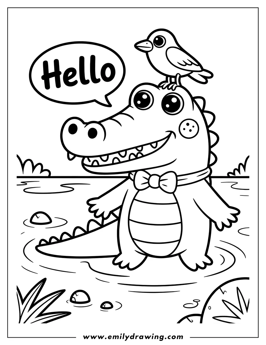 Outline of an alligator wearing a bow tie standing in a pond, with a small bird perched on its head. The alligator has a speech bubble that says 'hello'.