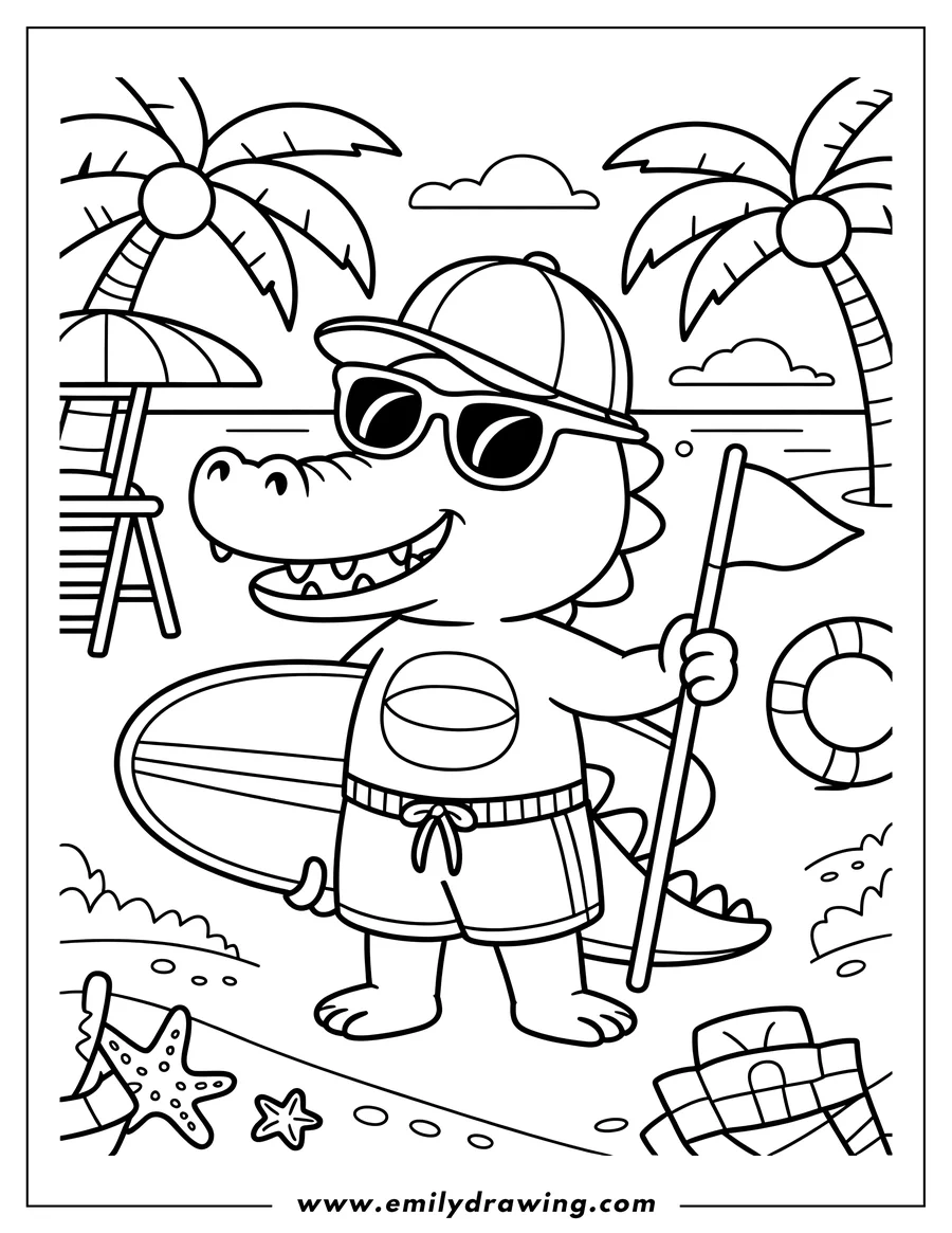 Line art of an alligator at the beach, wearing a baseball cap, sunglasses and holding a surfboard and small flag, standing near a beach chair and palm trees.
