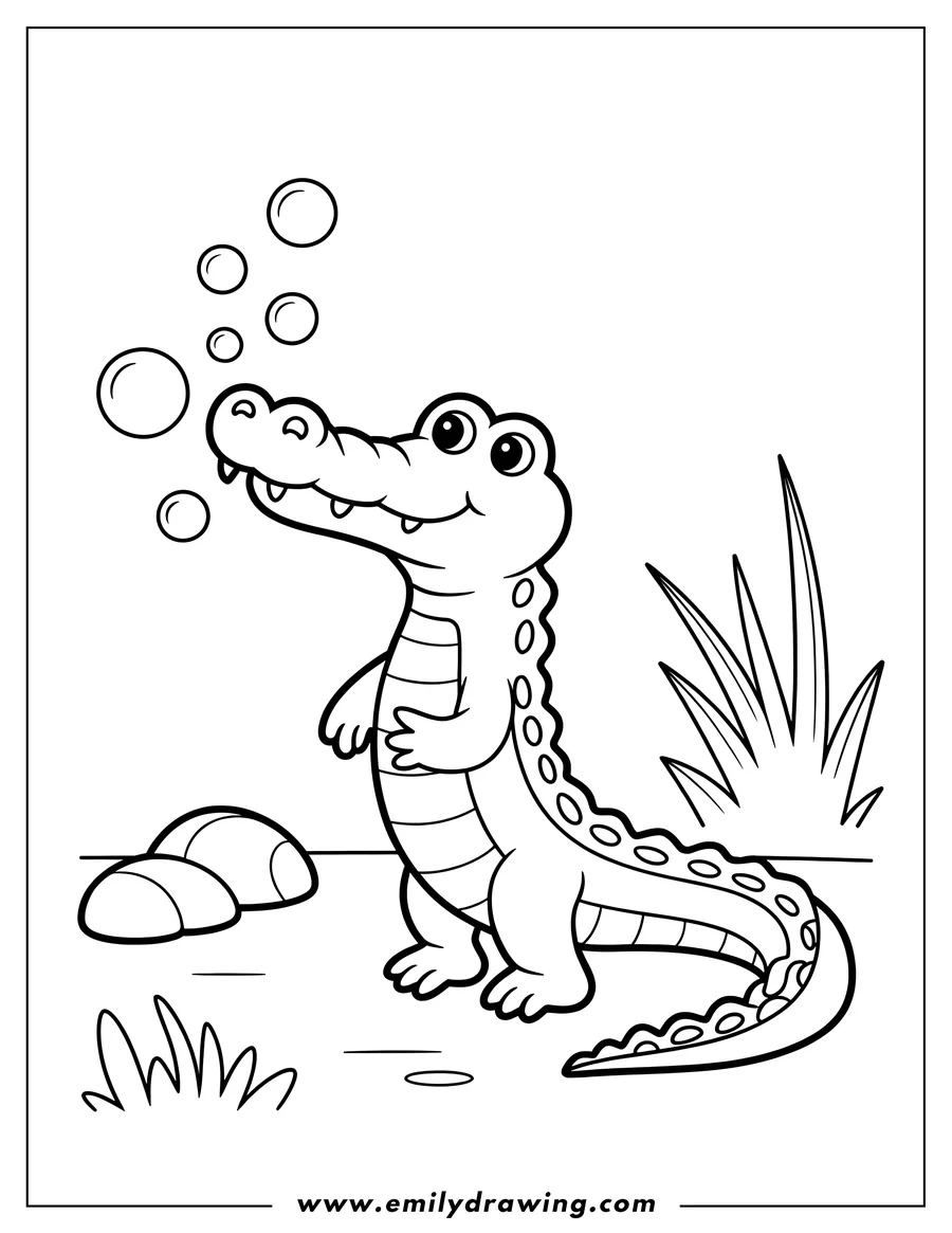 Outline of a smiling alligator blowing bubbles near some grass and rocks.