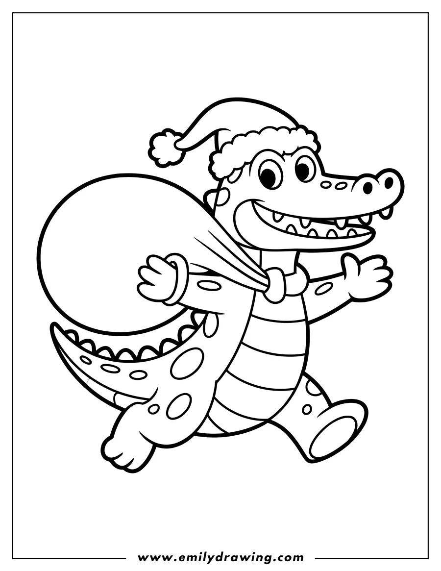 Line art of an alligator wearing a Santa hat and carrying a large sack.