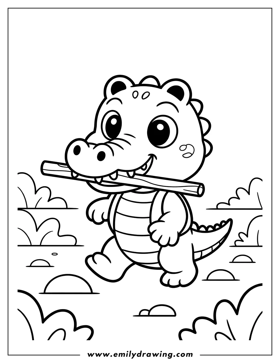 Outline of a baby alligator carrying a stick in its mouth.