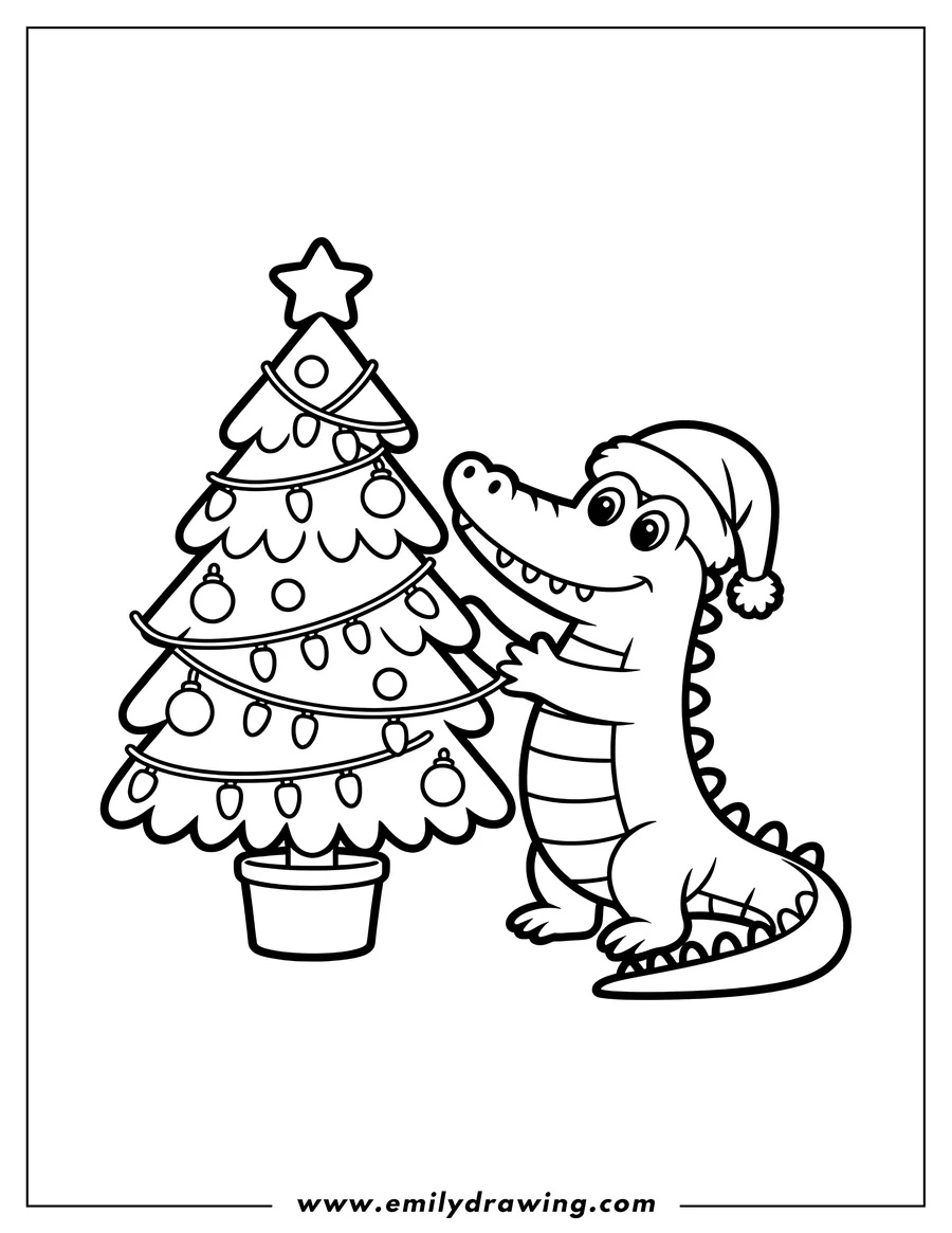 Outline of an alligator wearing a Santa hat and standing next to a decorated Christmas tree in a pot.