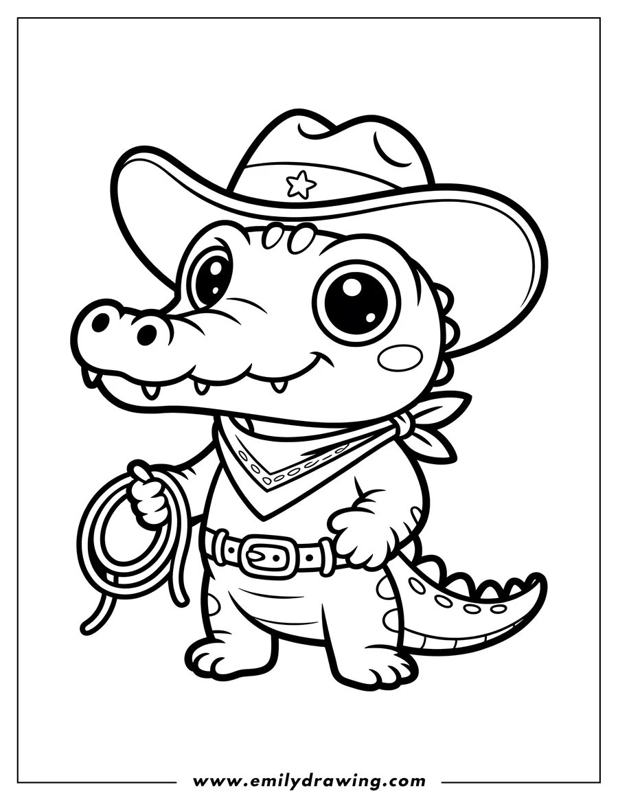 Outline of a baby alligator dressed as a cowboy, complete with a hat, bandana, belt, and lasso.