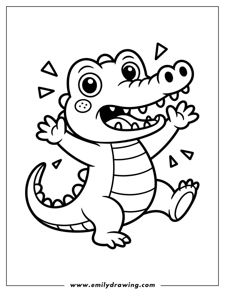 Line art of a cheerful alligator dancing with arms raised and a wide open smile.