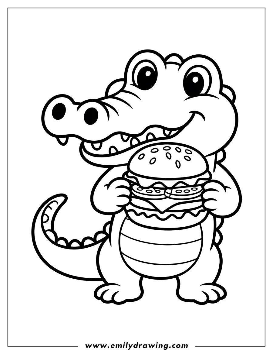 Outline of an alligator happily eating a large burger.