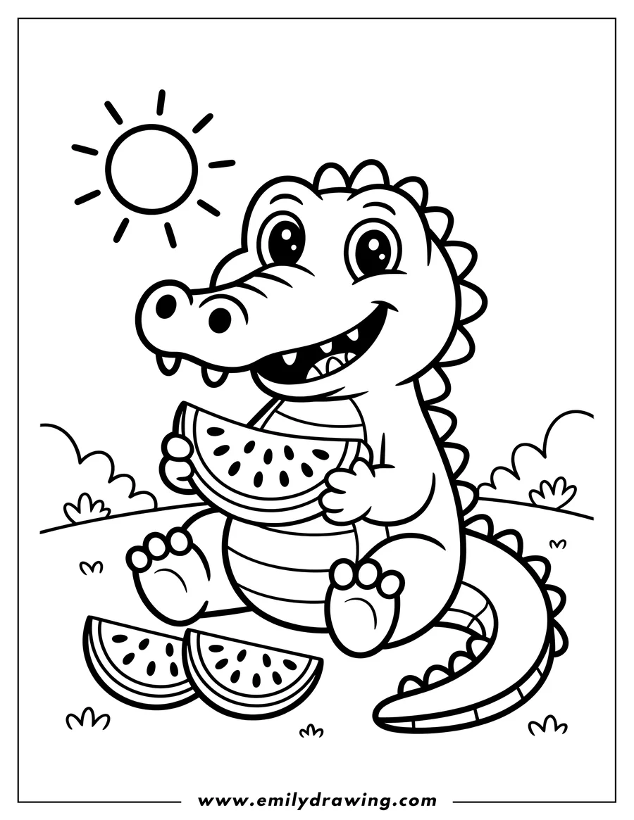 Line art of an alligator sitting and eating a slice of watermelon. Two more slices sit on the ground nearby. The sun is shining overhead.