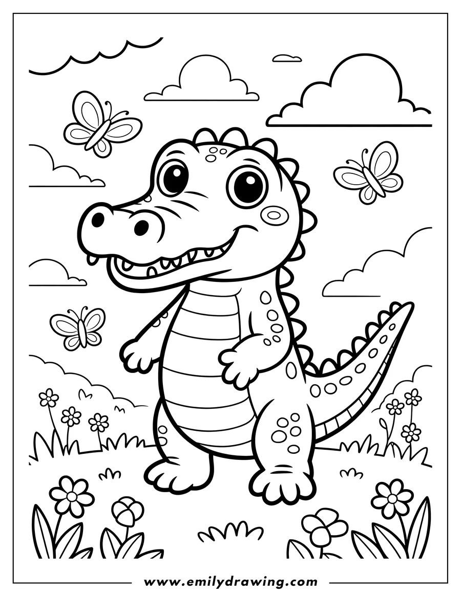 Outline of a smiling alligator standing in a flower patch with butterflies fluttering around.