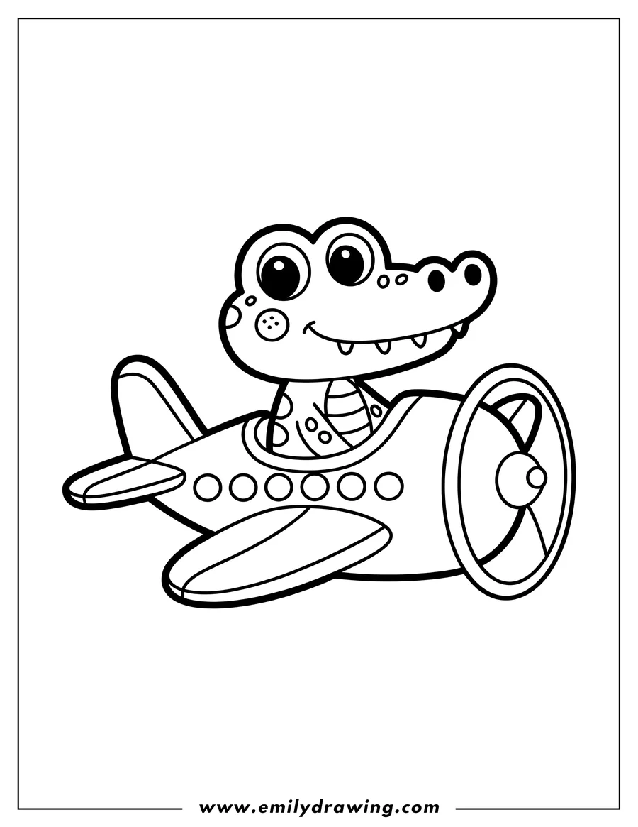 Line art of an alligator piloting an airplane.