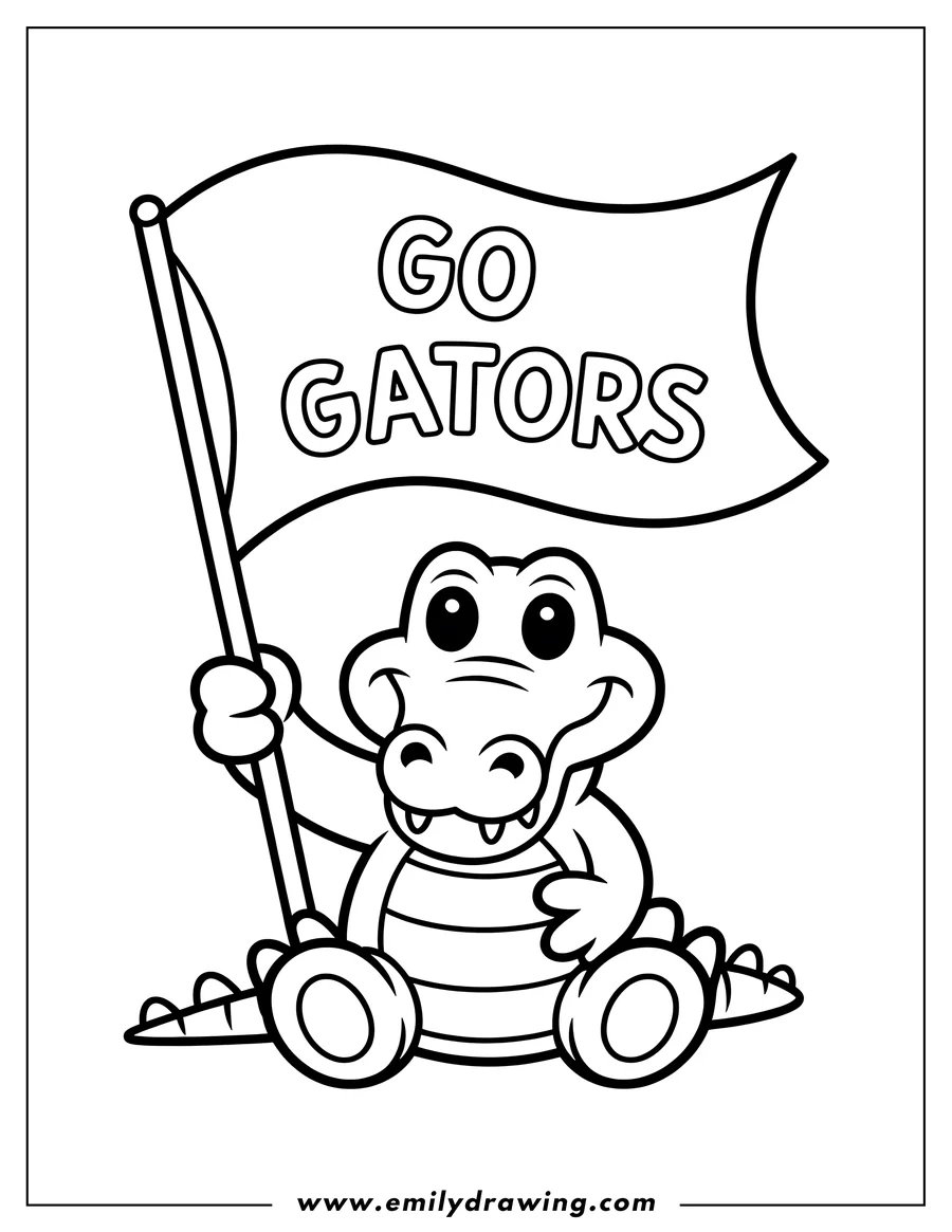 Outline of a cheerful alligator sitting and holding a flag that reads 'Go Gators'.