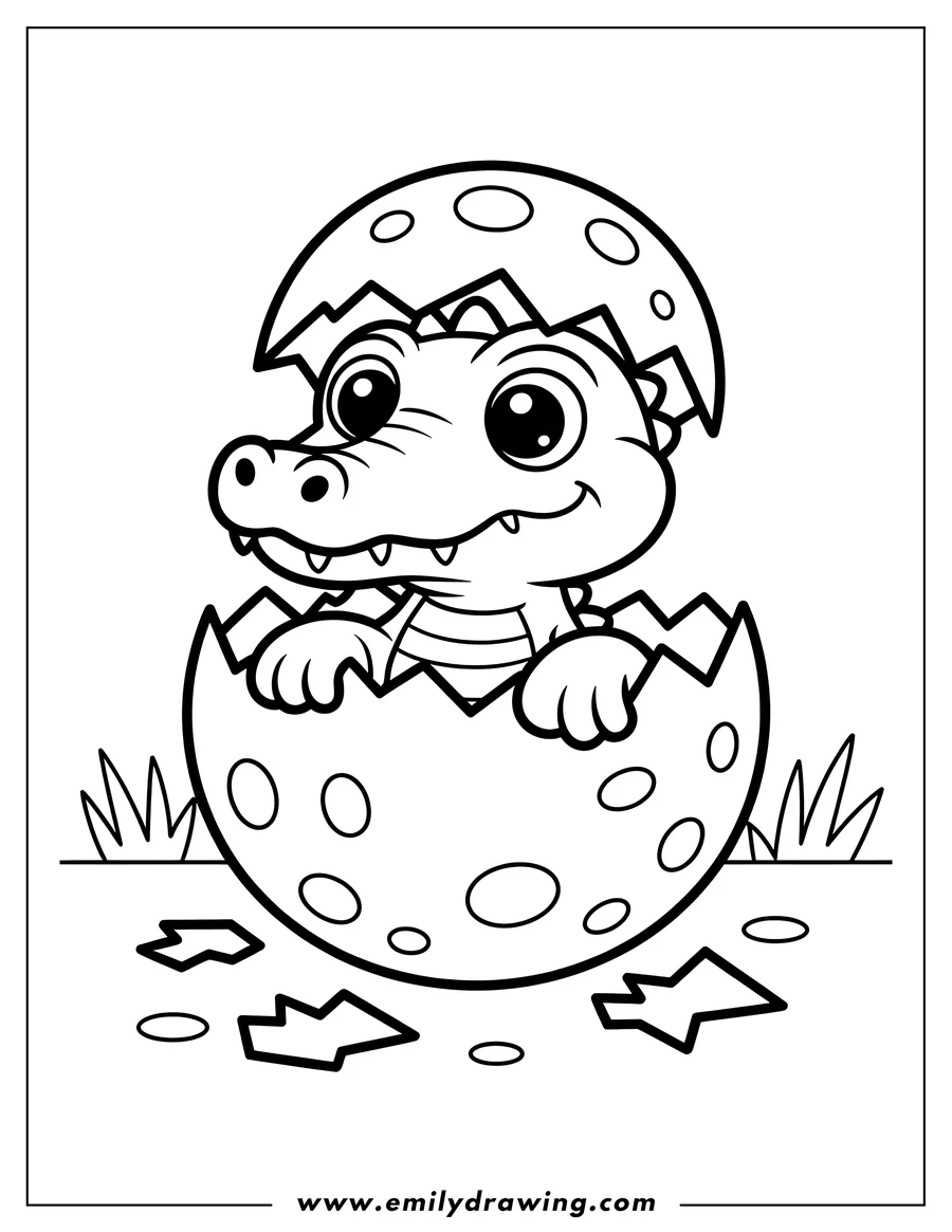 Outline of a baby alligator hatching from a spotted egg.