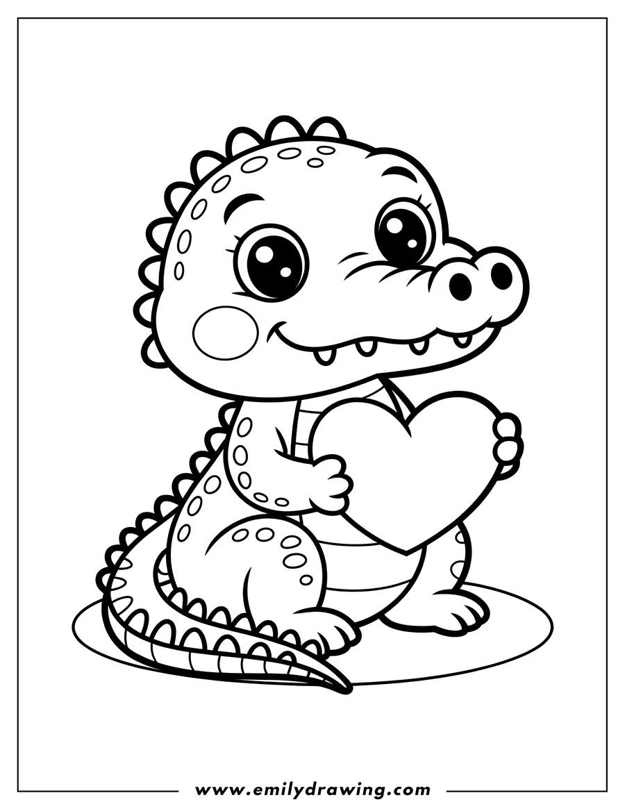 Outline of a baby alligator holding a large heart in its paws.