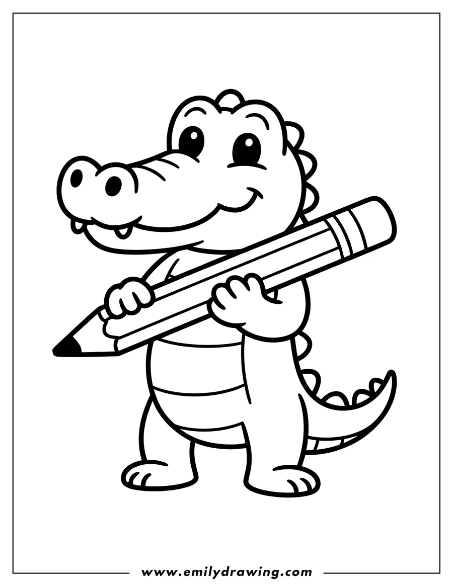 Line art of an alligator holding a large pencil, ready to color.