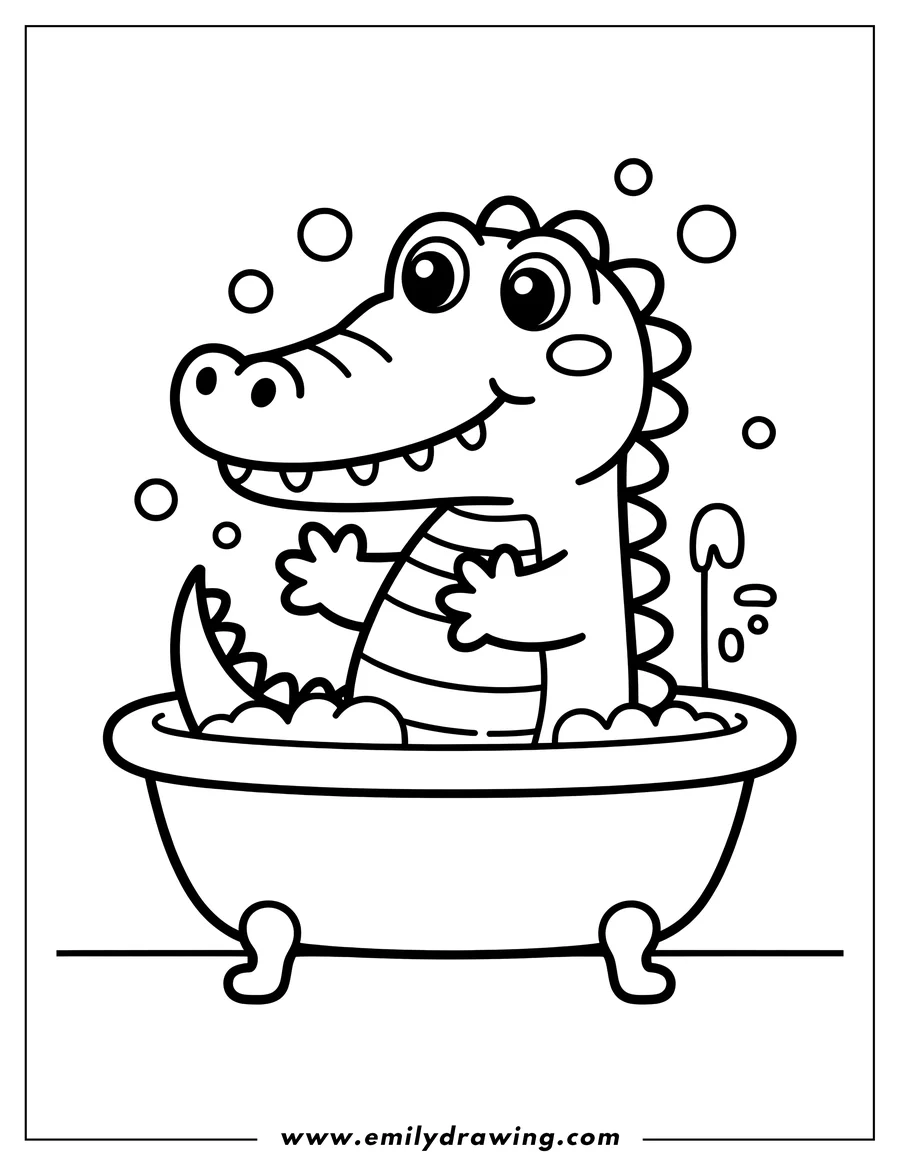 Line art of an alligator taking a bath in a bathtub. Bubbles float around him, and he looks happy and clean.