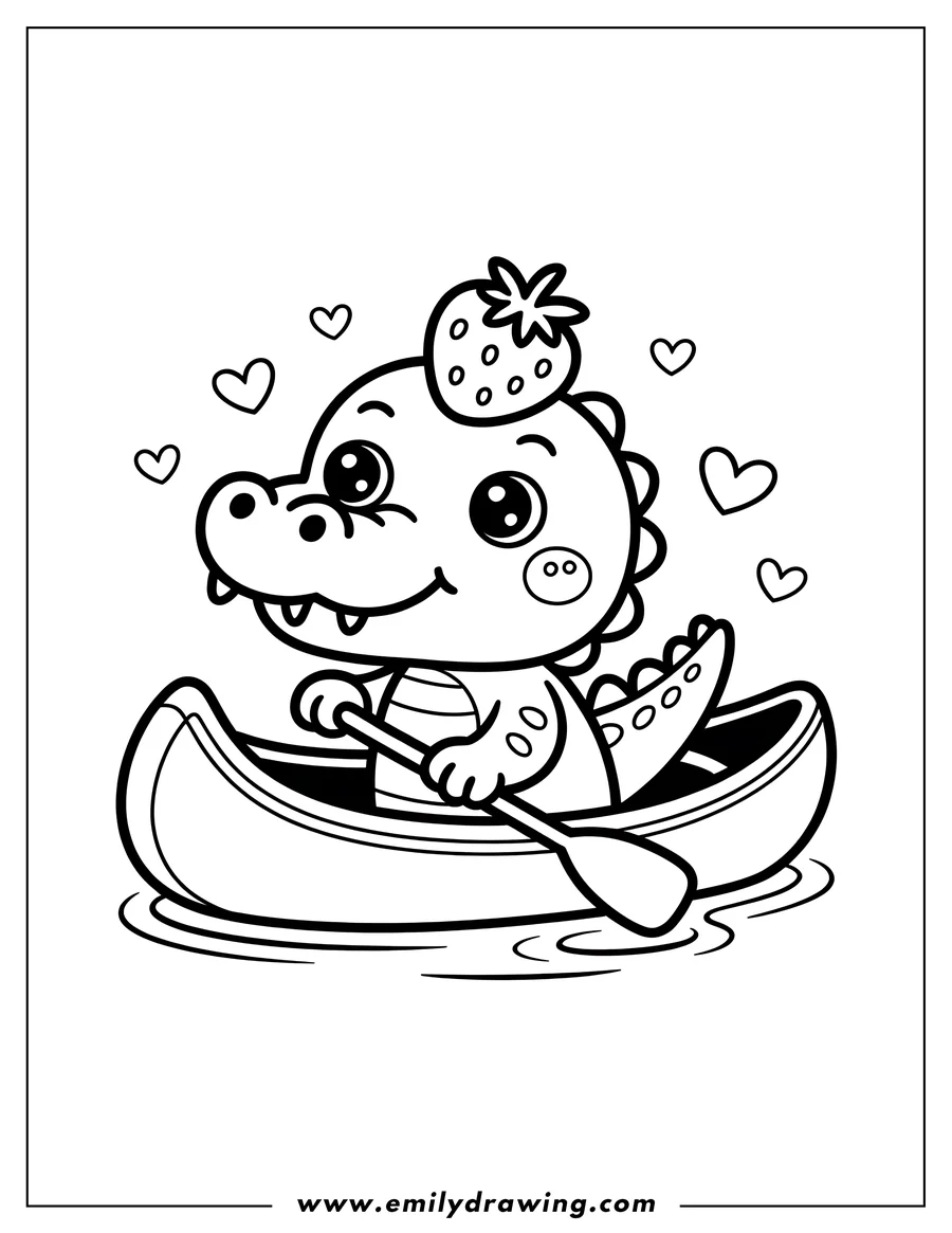 Line art of a small alligator with a strawberry on its head, paddling a canoe in the water.