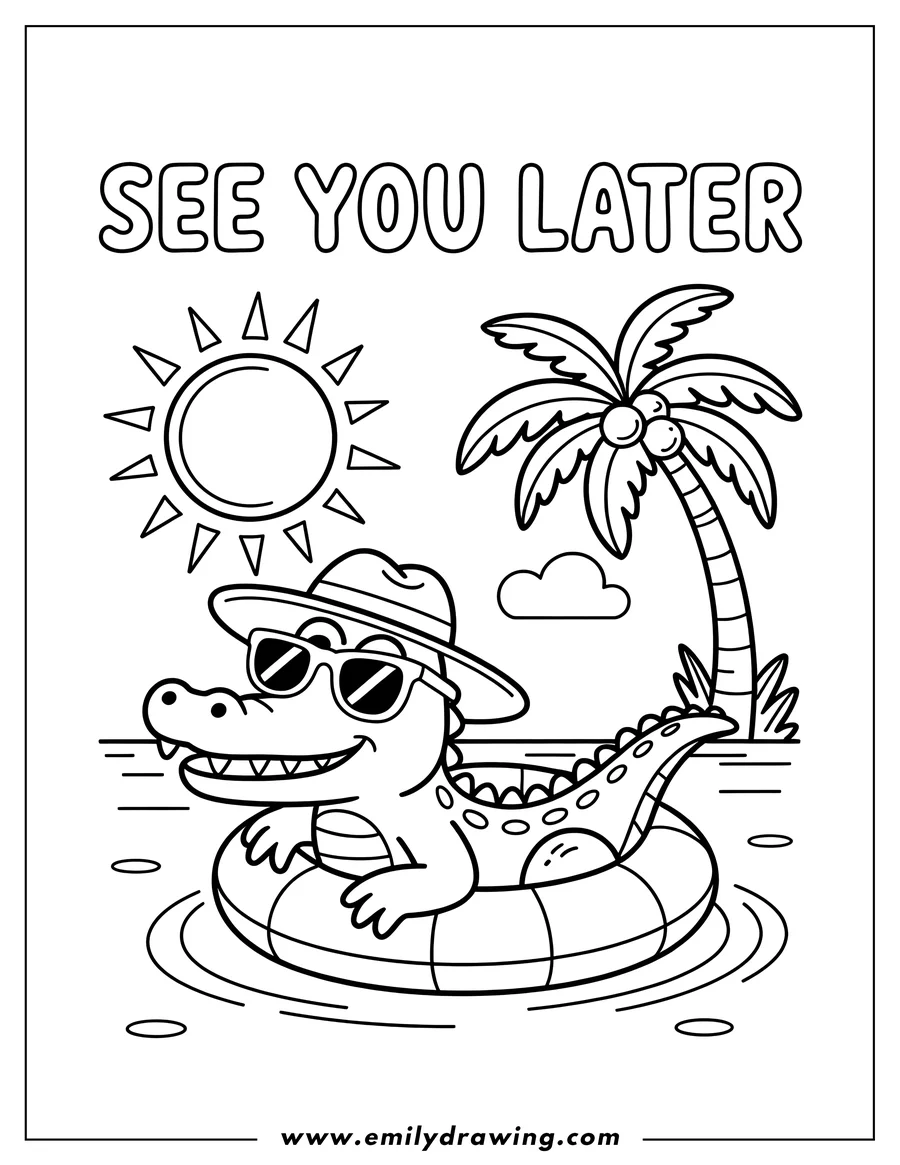 Line art of an alligator wearing sunglasses and a hat, floating in an inner tube in water near a palm tree.