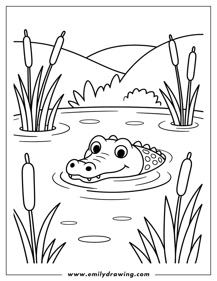 Outline of an alligator swimming in a pond with cattails and grass.