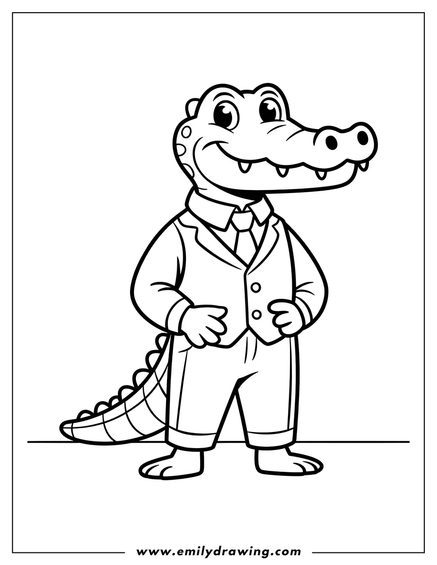 Line art of an alligator wearing a suit and tie.