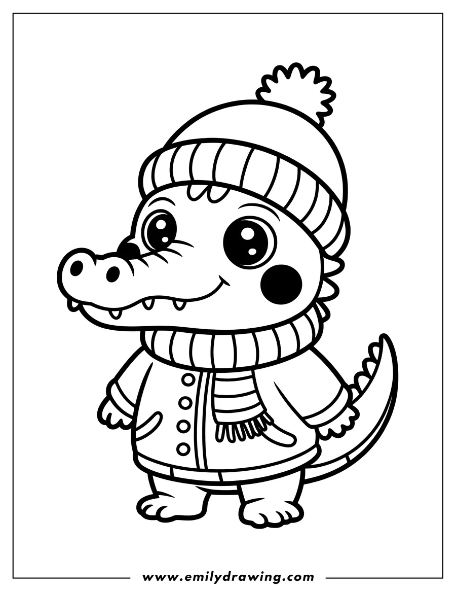 Line art of an alligator wearing a winter hat, scarf, and jacket.